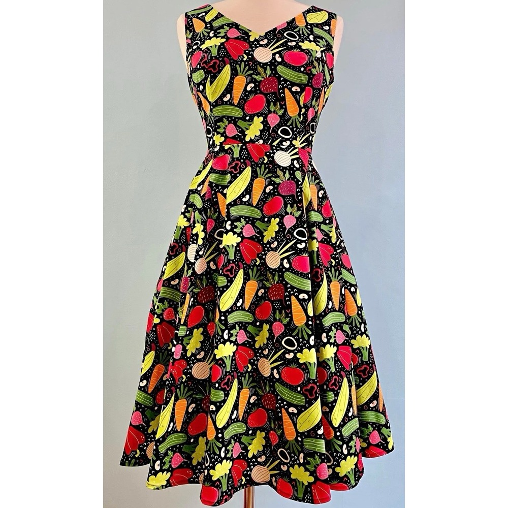 Eva Rose Veggie Print Dress Womens L V-Neck Fit Flare Novelty Vegetable Pockets